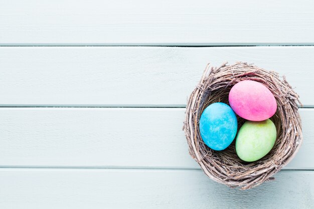 Pastel Easter eggs background. Spring greating card.