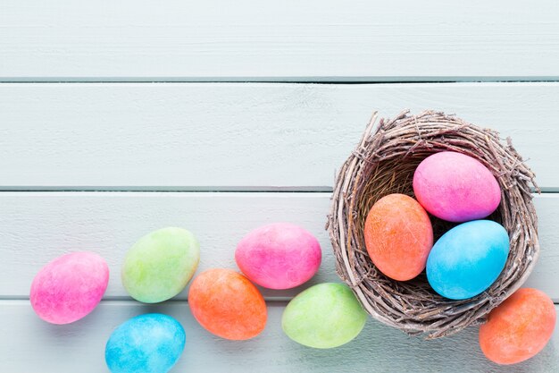 Pastel Easter eggs background. Spring greeting card.