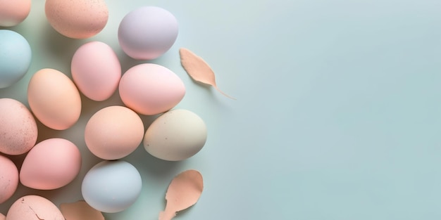 Pastel Easter eggs on blue background top view Springtime holidays concept with copy space Top view