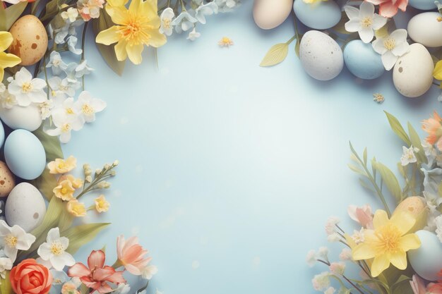 Pastel easter eggs on blue and yellow backgrounds with flowers a top view empty space for text