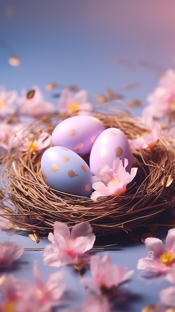 Pastel Easter eggs in nest with cherry blossoms flowers Easter greeting card background phone wallpaper stories backdrop