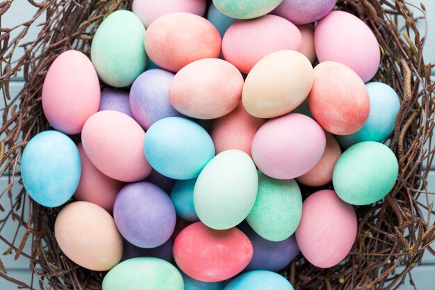 Pastel Easter eggs in nest.