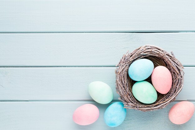 Pastel Easter eggs surface. Spring greating card.