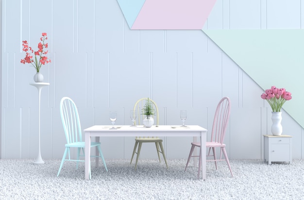 Pastel eetkamer decor stoel &amp; bureau, bloem, vork, lepel, wijnglas, orchidee, tulp, tapijt. 3D