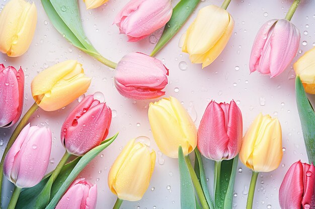 Pastel elegance topview tulips with water drops