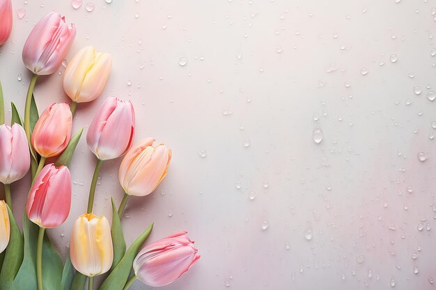 Pastel elegance topview tulips with water drops