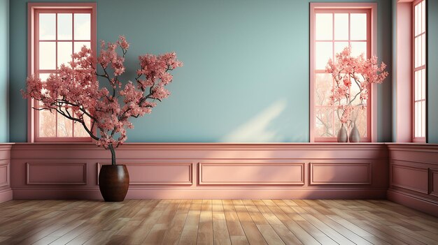 독특 한 창문 을 가진 파스텔색 빈 벽 과 나무 바닥