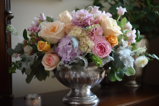 Pastel flower arrangement in silver vase created with generative ai