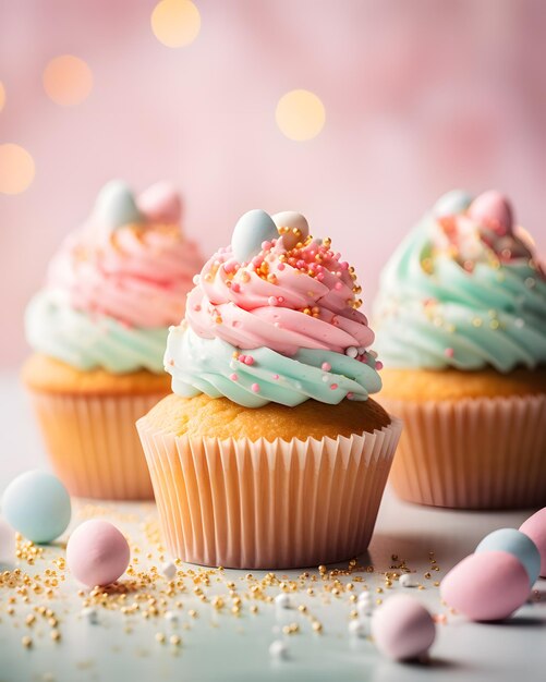 Foto cupcake al pastello con uova di pasqua al zucchero