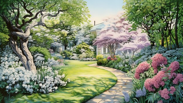 Photo pastel garden path and flowers realistic and hyperdetailed painting