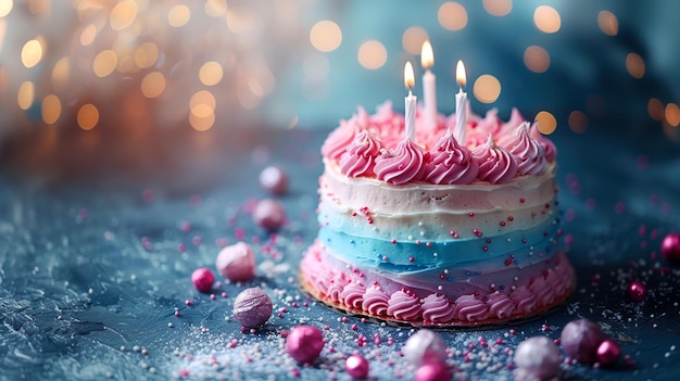 Pastel gelukkige verjaardagstaart tegen een blauwe achtergrond gegenereerd door AI