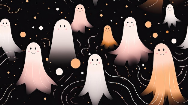 Pastel Ghosts silhouette on dark wallpaper in the style of light pink and light amber seamless Halloween background