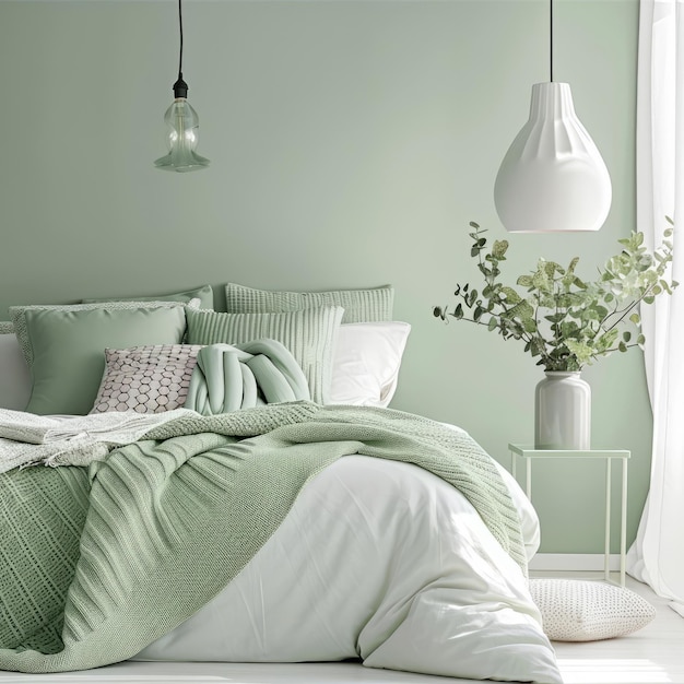 Pastel green bedroom interior clean white and green pillows blankets and homeplants