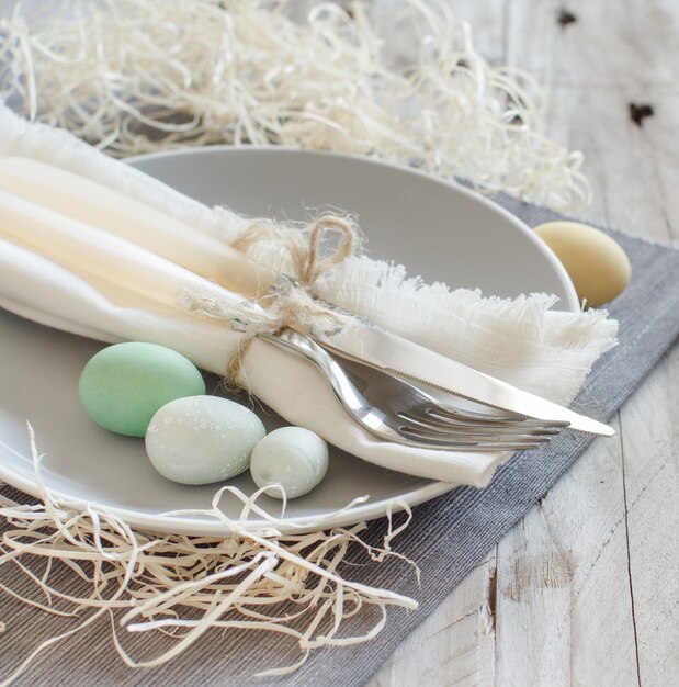 Pastel grey Rustic Easter table setting close up