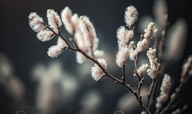 Pastel Grey Willow Branches with Blossoms and Bokeh Background