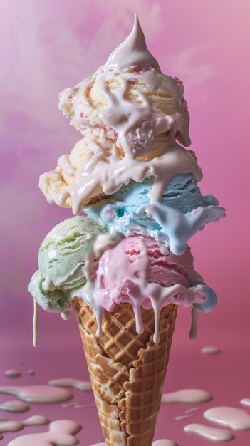 Pastel Ice Cream Cones Melting Over Pink with Berries a Sweet Summertime Treat