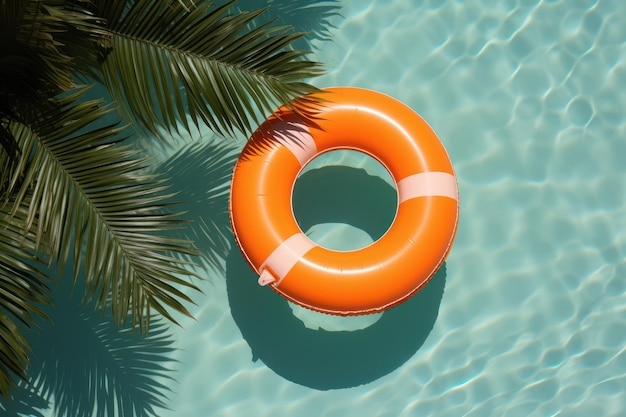 Pastel inflatable rings kids buoys on swimming pool background closeup