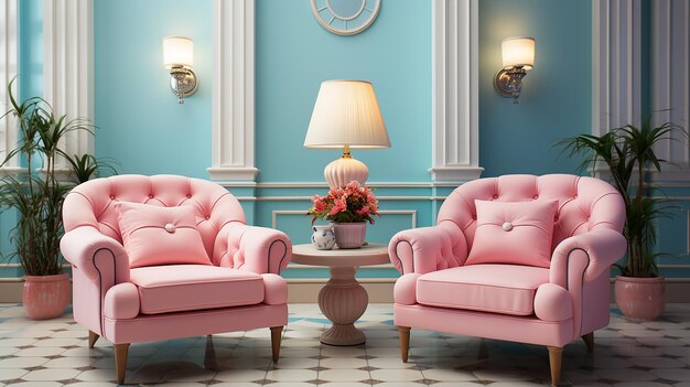 Pastel Interieur In Klassieke Stijl Met Zachte Fauteuils En Lampen 3D-rendering