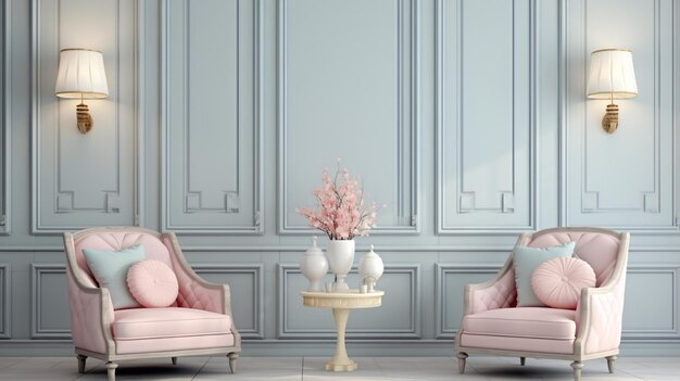 Pastel interior in classic style with soft armchairs