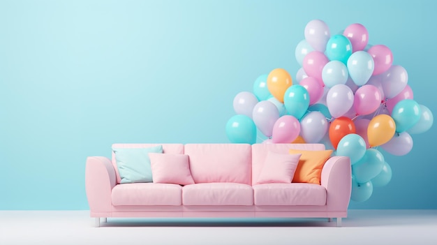 Pastel interior room with pastel balloons and a sofa Birthday party