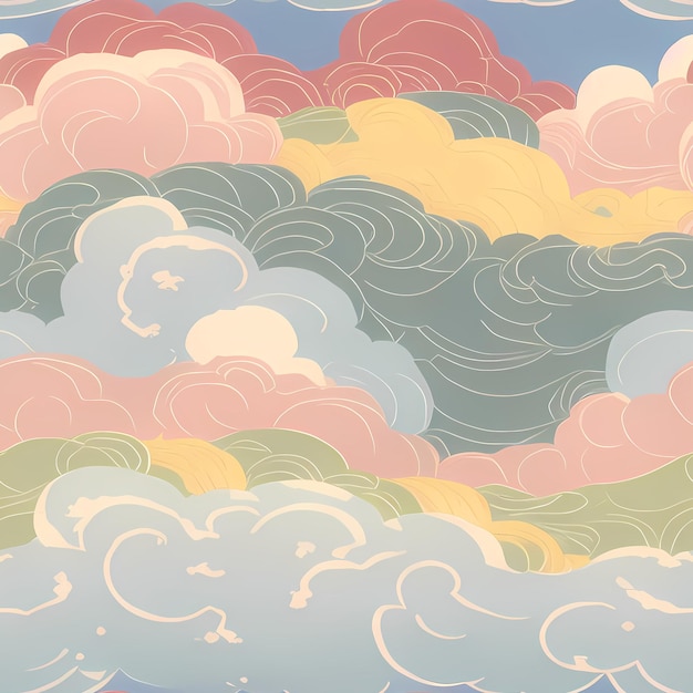 Pastel Kids Seamless Repeat Pattern for kids designs sky clouds rainbow fabric print surface design packing cute Generative AI