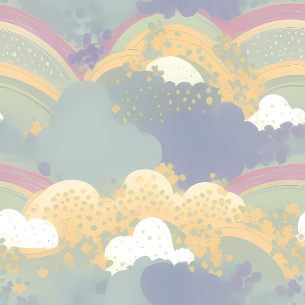 Pastel Kids Seamless Repeat Pattern for kids designs sky clouds rainbow fabric print surface design packing cute Generative AI