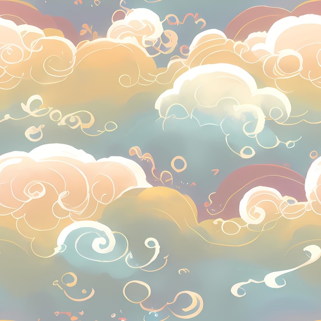 Pastel Kids Seamless Repeat Pattern for kids designs sky clouds rainbow fabric print surface design packing cute Generative AI