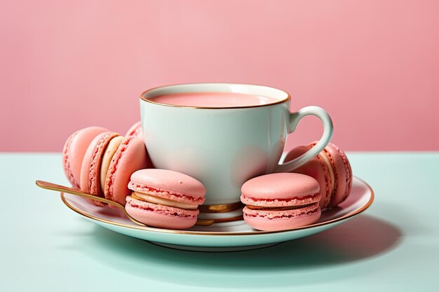 Pastel macarons around a coffee cup