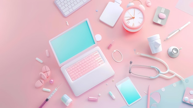 pastel medical workspace with a laptop and healthcare essentials