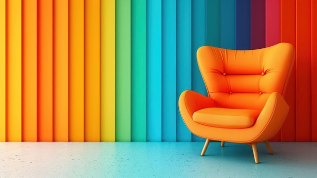 Pastel multi colour vibrant groovy retro striped background wall frame with bright armchair decor