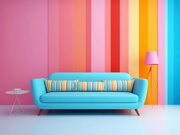 Pastel multicolor levendige retro gestreepte achtergrond muur frame met sofa interieur huisontwerp