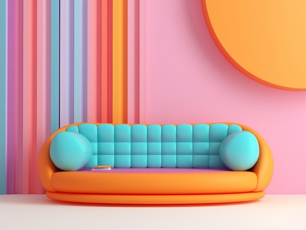 Pastel multicolor levendige retro gestreepte achtergrond muur frame met sofa interieur huisontwerp