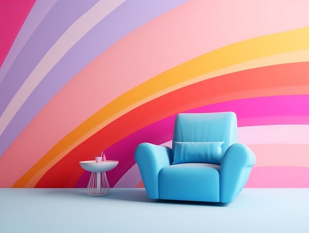 Pastel multicolor vibrant retro striped background wall frame with armchair interior home design