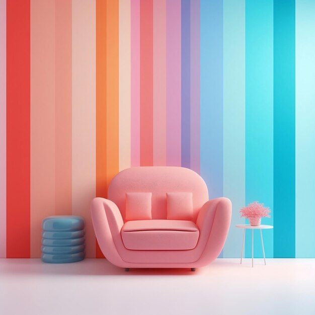 Pastel multicolor vibrant retro striped background wall frame with armchair interior home design