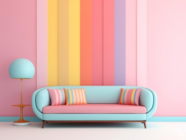 Pastel multicolor vibrant retro striped background wall frame with sofa interior home design