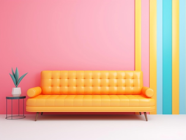 Pastel multicolor vibrant retro striped background wall frame with sofa interior home design