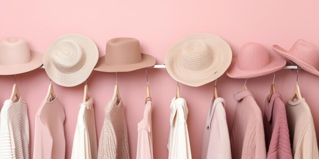 Photo pastel and neutral fashion hats and clothing on a pink background