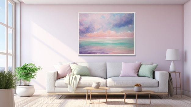 Pastel ocean print modern art piece with detailed skies