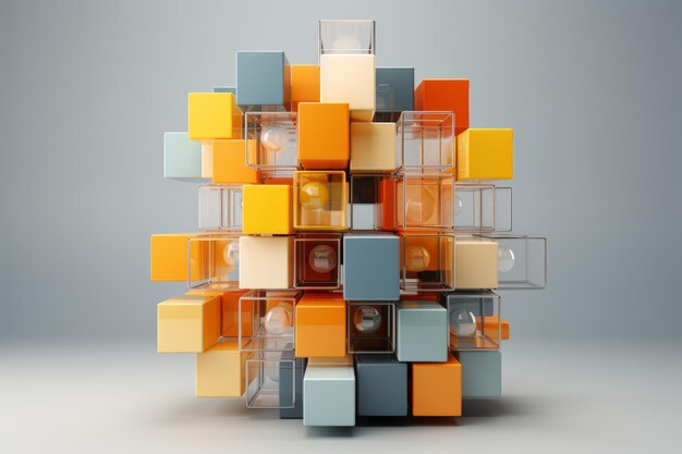 Photo pastel orange cube situated amidst a sea of pastel gray cubes generative ai
