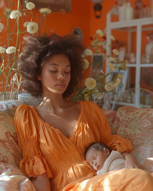 In A Pastel Orange Living Room Mother Rocks Background