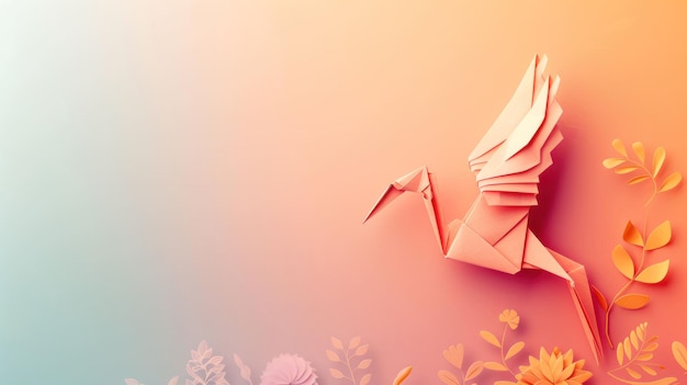 Photo pastel origami crane with flowers and leaves on pink and orange background delicate beauty and artistry in natures harmony