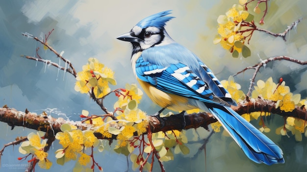 Pastel Painting Of A Shining Blue Jay On A Branch