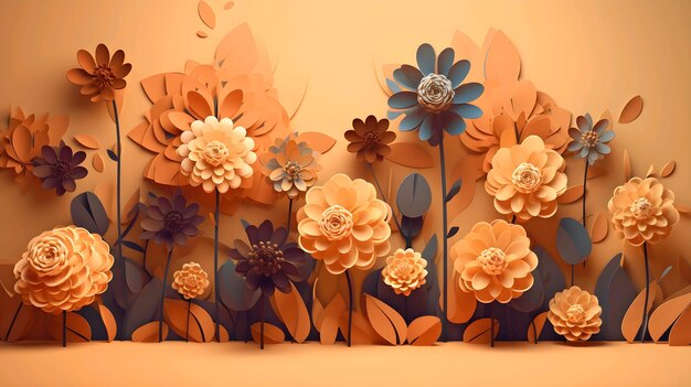 Pastel paper cut flowers on orange background beautiful floral background