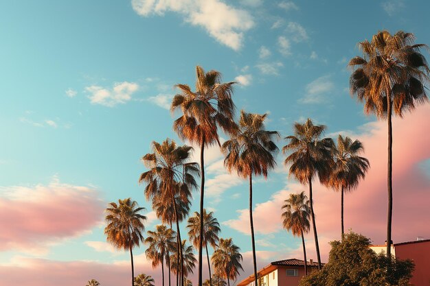 Photo pastel paradise palm trees and sky in light pink and blue palette