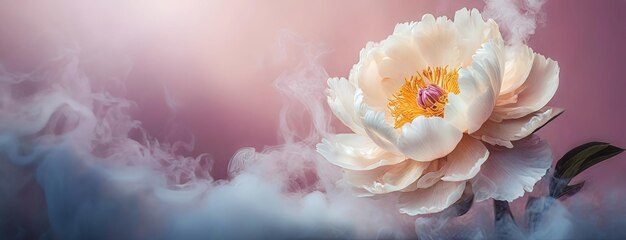 Pastel peony flowers in smoke and empty space for wishes and text