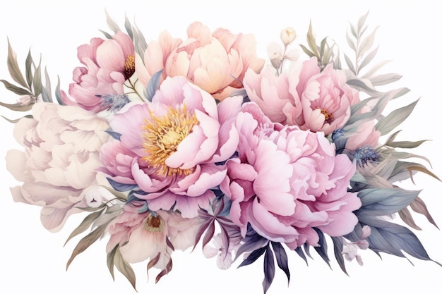 Pastel peony watercolor painting of a stunning bouquet