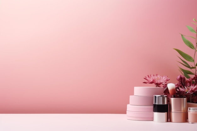 Pastel perfection showcasing makeup products on pink podiums branding and packaging presentation