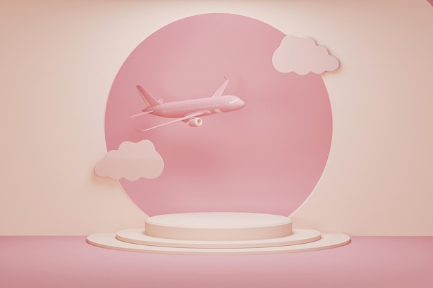 Pastel pink airplane with podium Plane take off and pastel background 3d render