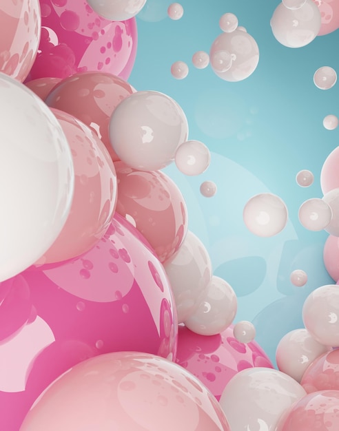 Фото Пастельные розово-синие шарики палитры абстрактные обои и фон. дизайн шаблона для модного плаката, флаера, баннера, открытки, обложки, брошюры. пастельный шар, пузыри, плавающие в воздухе, жевательная резинка, сферы.3d рендеринг