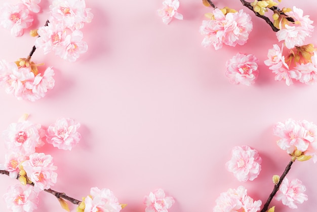 Pastel Pink Colours Background with  blossom flowers flat lay patterns.